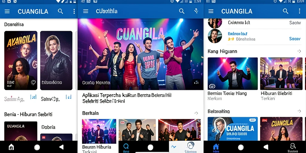Tampilan utama CUANGILA menunjukkan berita selebriti dengan antarmuka yang menarik.
