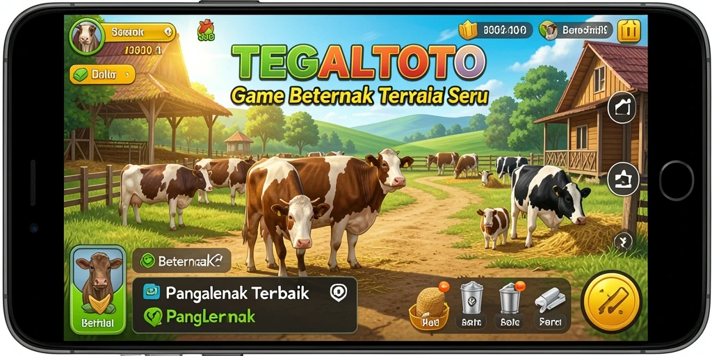 Antarmuka TEGALTOTO menampilkan aktivitas beternak yang interaktif dan menyenangkan.