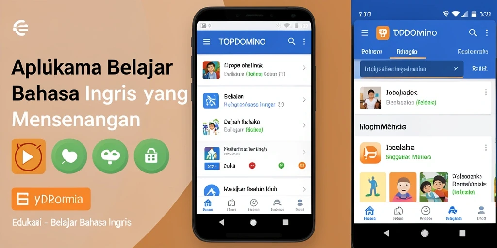 Antarmuka pengguna TOPDOMINO yang menarik dan interaktif untuk belajar Bahasa Inggris.